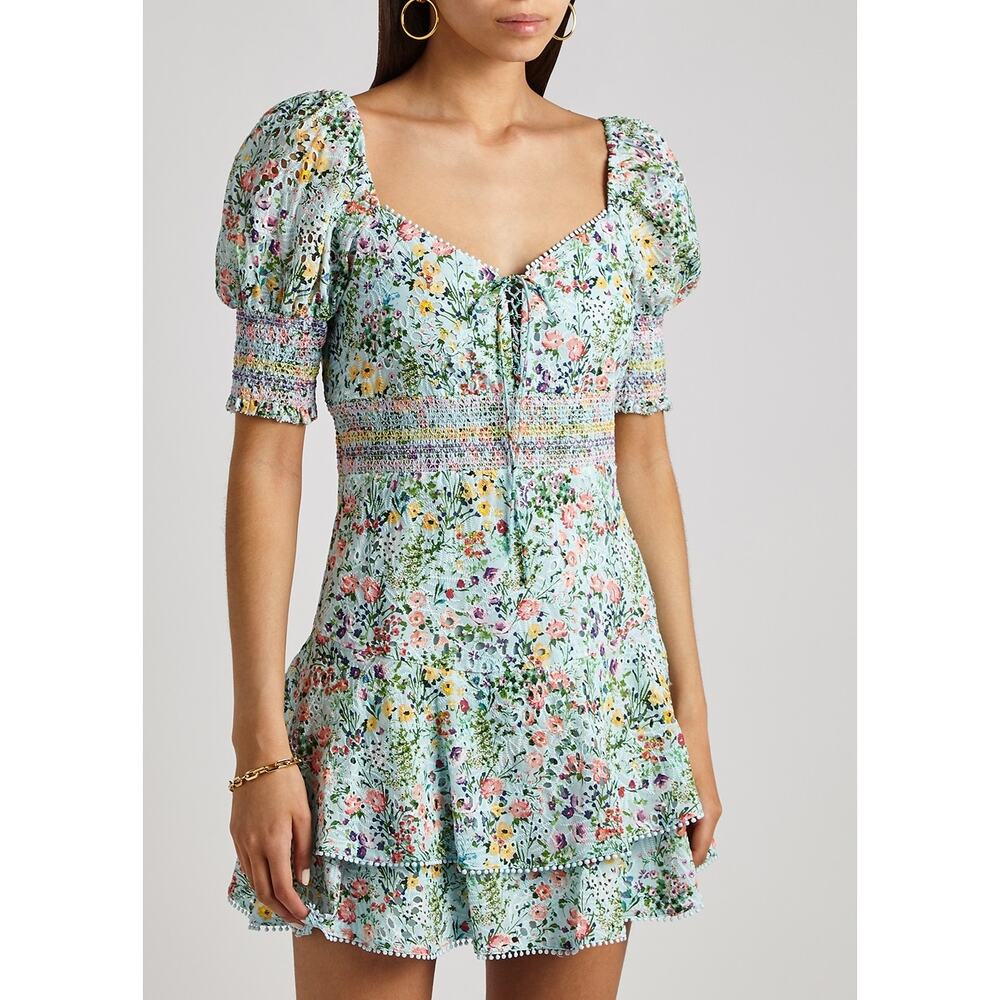 Alice + Olivia Crawford Floral Print Embroidered Cotton Mini Dress Womens 14